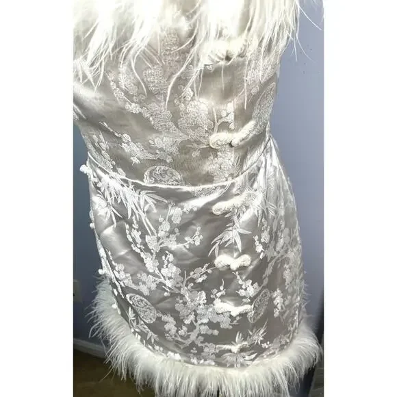 Sau Lee Jayde Sateen Jacquard Feather Hem Ivory White Mini Dress Size 14 - Picture 5 of 13